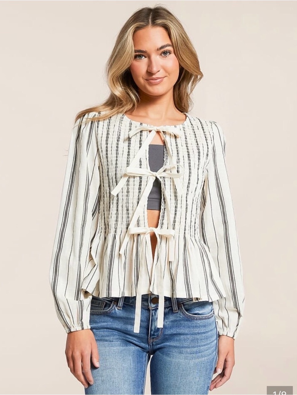 Blu Pepper Cream and Black Striped Tie-Front Peplum Blouse
